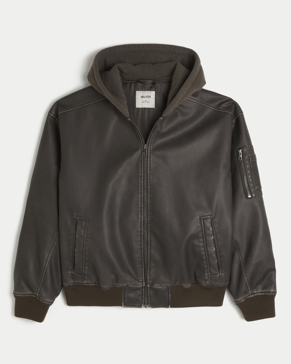 Men's Hooded Faux Leather Bomber Jacket | Men's Clearance
