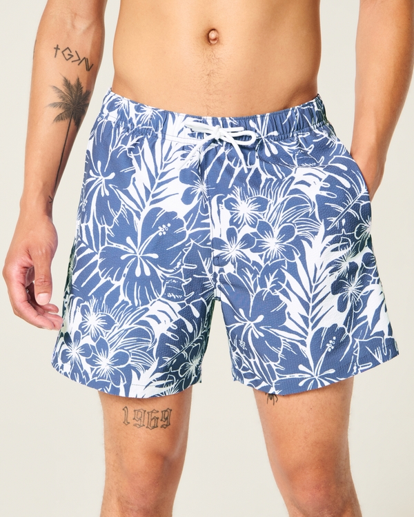 Seersucker Vacation Swim Trunks, Navy Floral view 1