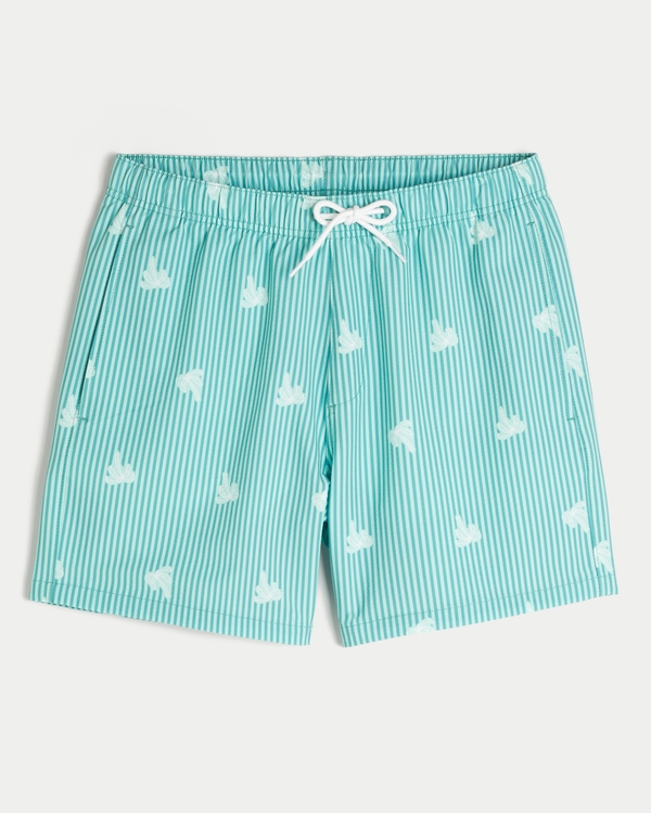 Seersucker Vacation Swim Trunks, Mint Green Stripe Print view 1