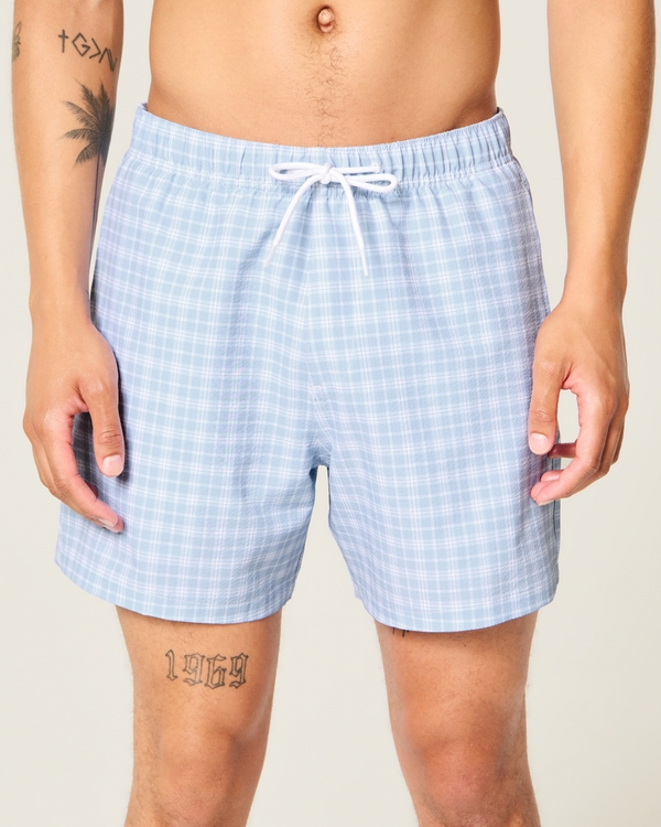 Seersucker Vacation Swim Trunks, Light Blue Plaid view 1