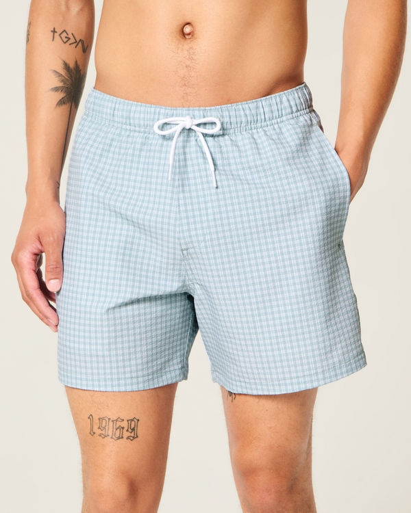 Seersucker Vacation Swim Trunks, Mint Green Check view 1