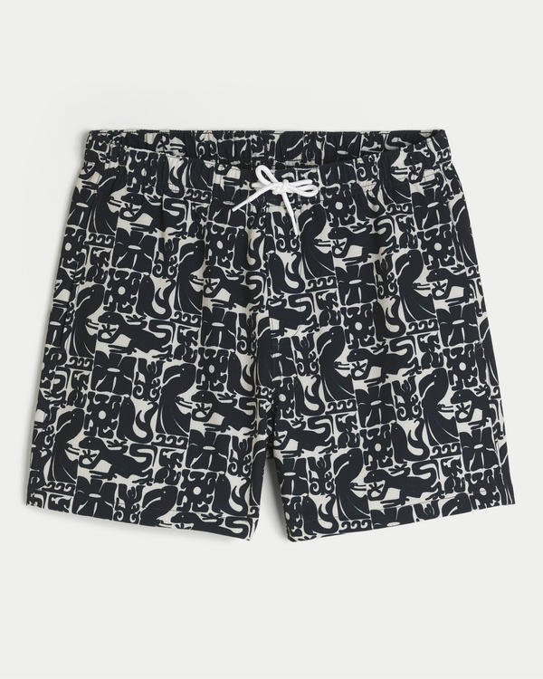 Seersucker Vacation Swim Trunks, Black Print view 1