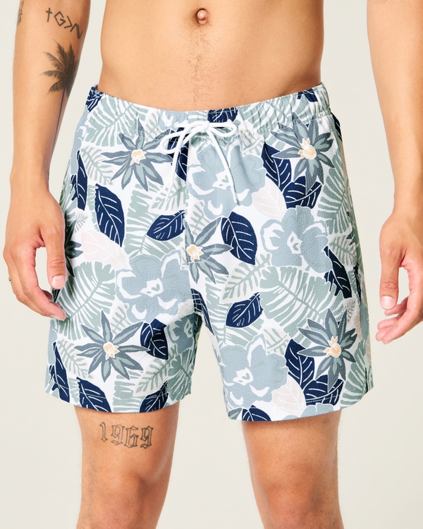 Seersucker Vacation Swim Trunks, Slate Floral view 1