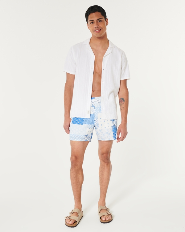 Mid-Thigh Seersucker Volley Swim Trunks, Blue Pattern view 2