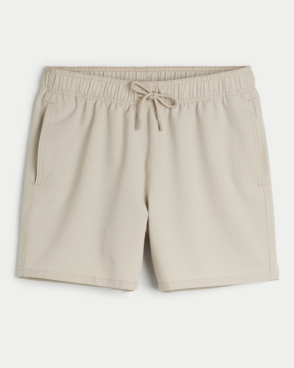 Seersucker Guard Swim Trunks 5", Taupe Stripe