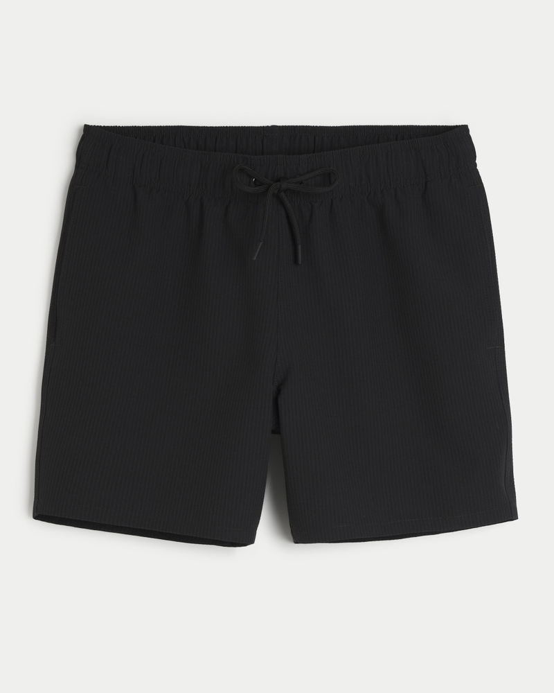 Men s Seersucker Guard Swim Trunks 5 in Black Stripe Size M from Hollister