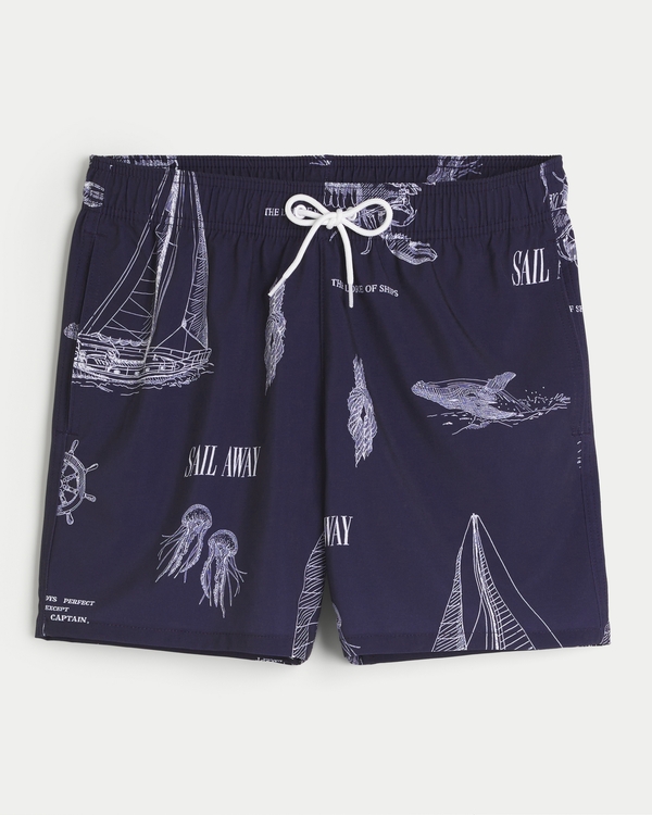 Guard Swim Trunks 5", Navy Nautical Print