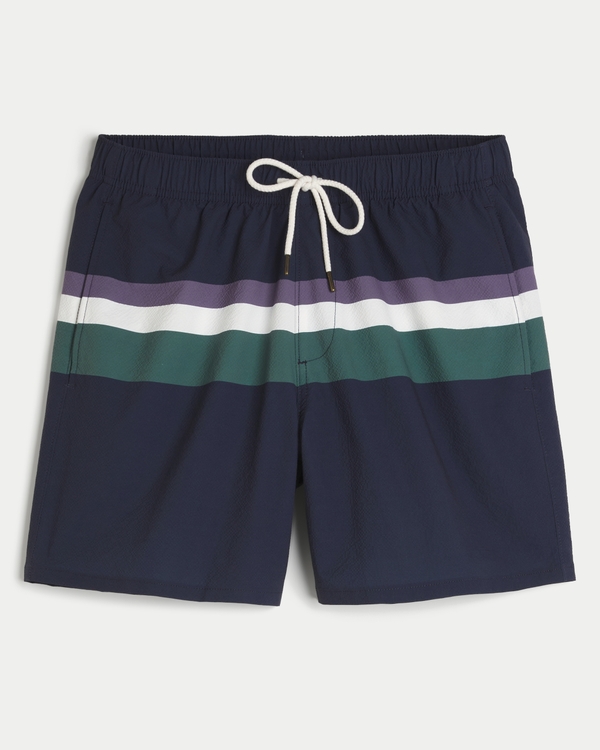 Seersucker Guard Swim Trunks 6", Navy Stripe