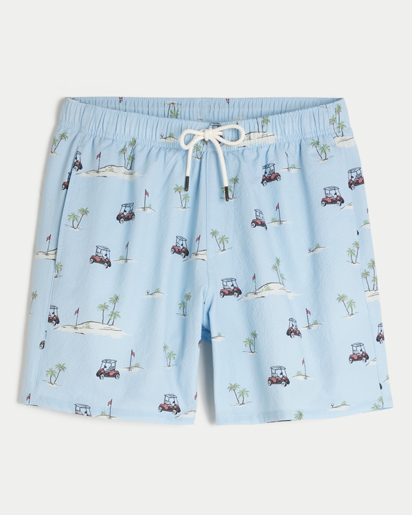 Seersucker Guard Swim Trunks 6", Light Blue Print