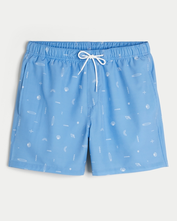 Mid-Thigh Volley Swim Trunks, Light Blue Print view 1