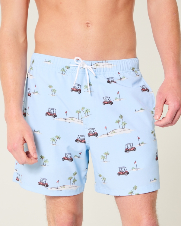 Mid-Thigh Volley Swim Trunks, Light Blue Print view 1