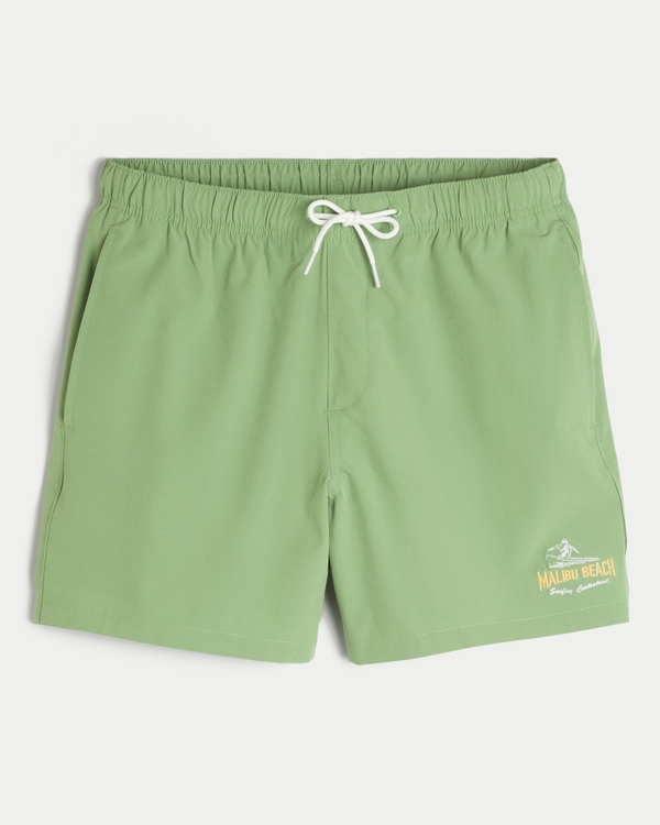 Malibu Beach Graphic Mid-Thigh Volley Swim Trunks