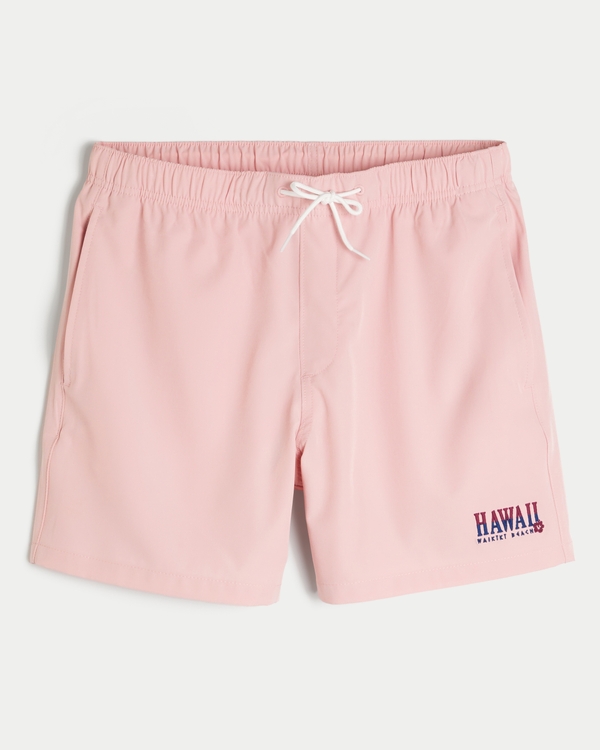 Hawaii Graphic Mid-Thigh Volley Swim Trunks, Light Pink view 1