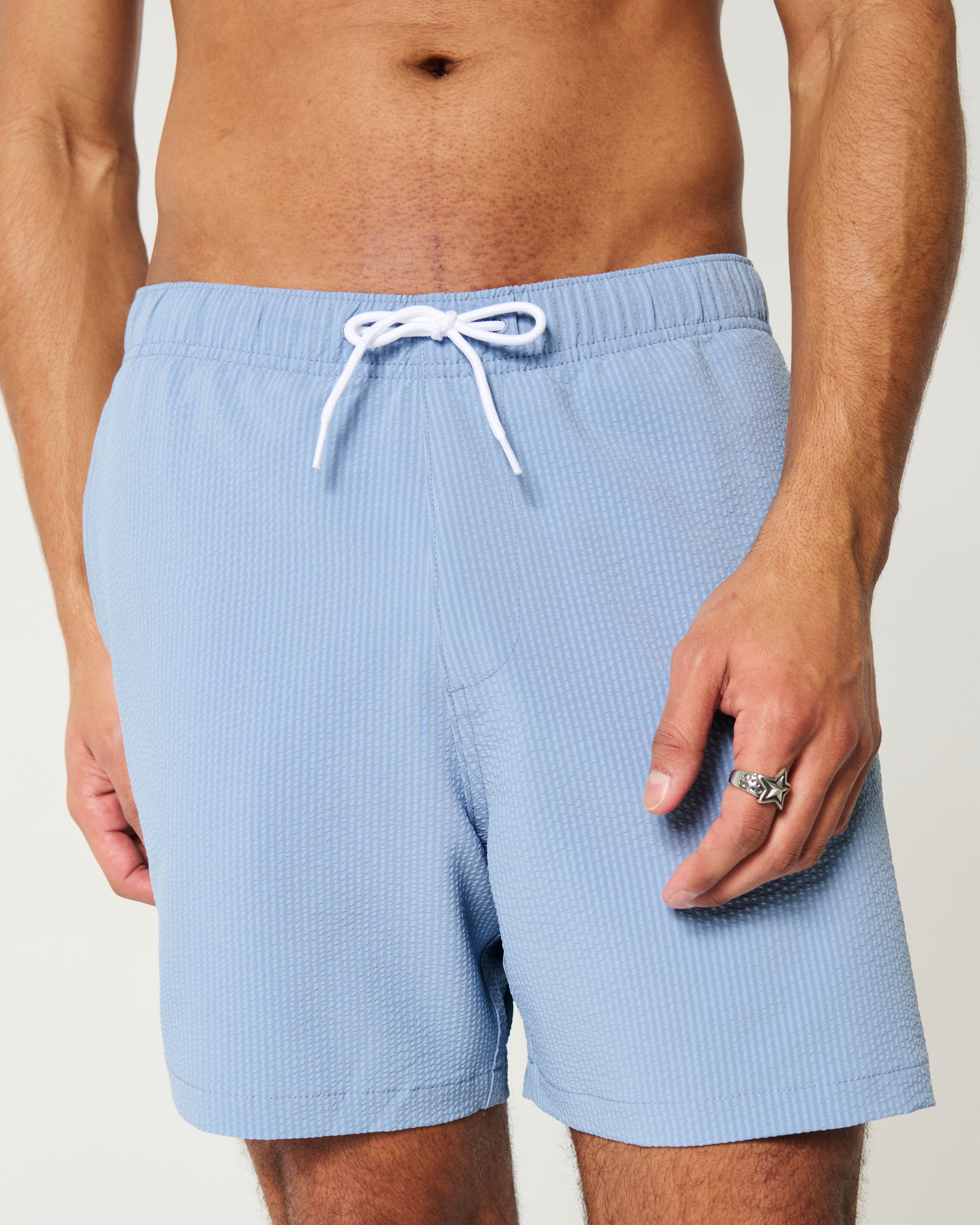 Mid-Thigh Seersucker Volley Swim Trunks