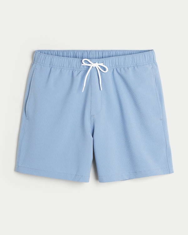 Mid-Thigh Seersucker Volley Swim Trunks, Dusty Blue view 1