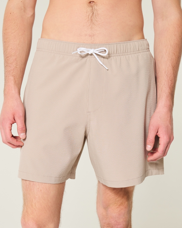 Mid-Thigh Seersucker Volley Swim Trunks, Tan Stripe view 1