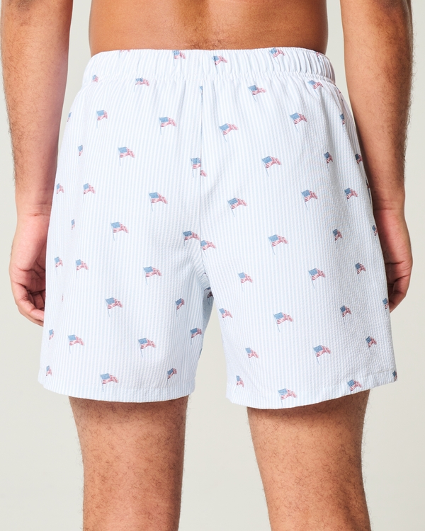 Mid-Thigh Seersucker Volley Swim Trunks, Light Blue Print view 2