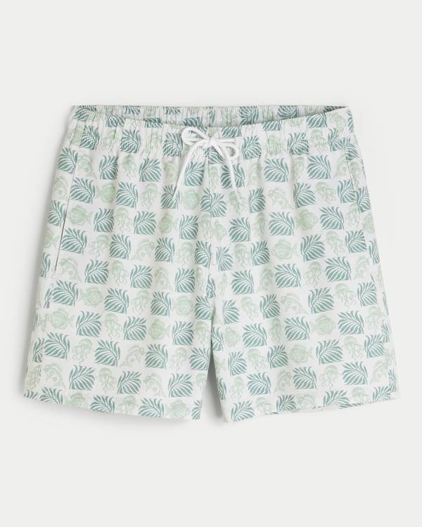 Mid-Thigh Volley Swim Trunks, Green Print view 1