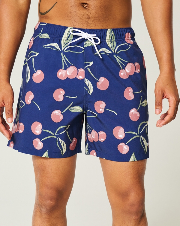 Mid-Thigh Volley Swim Trunks, Navy Print view 1