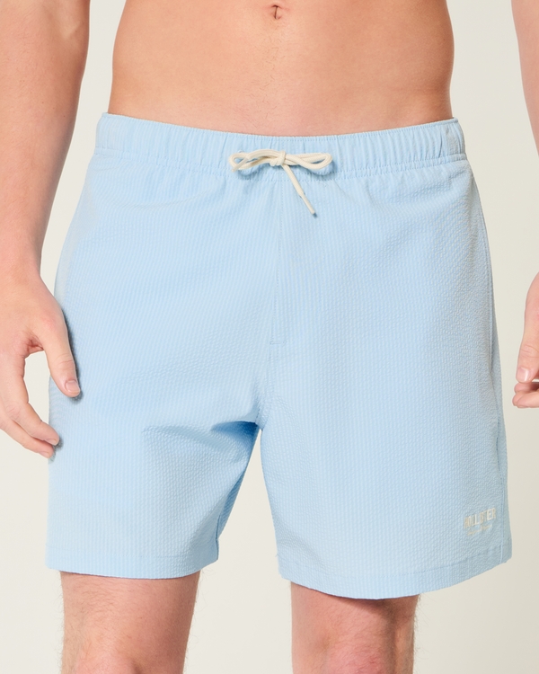 Mid-Thigh Seersucker Volley Swim Trunks, Light Blue view 1