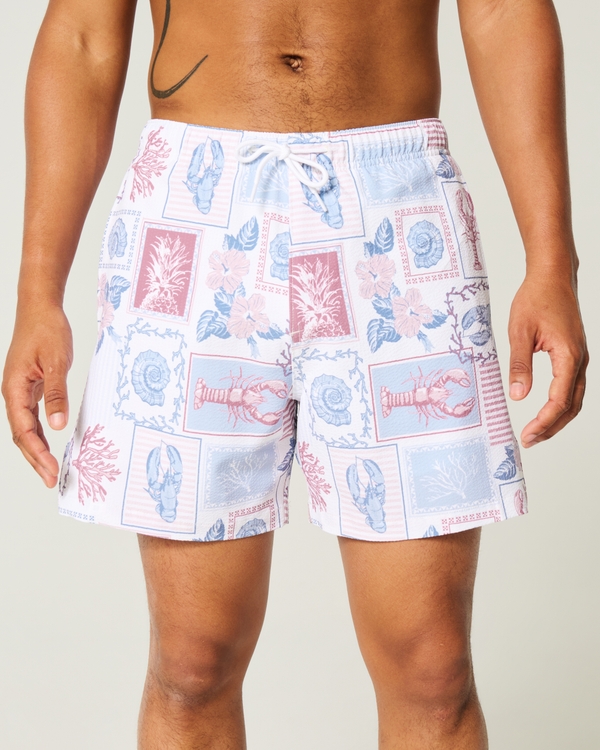 Mid-Thigh Seersucker Volley Swim Trunks, White Print view 1