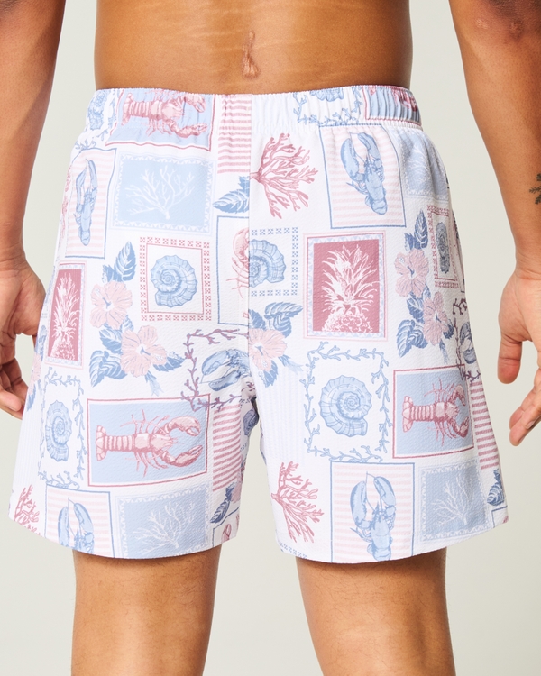 Mid-Thigh Seersucker Volley Swim Trunks, White Print view 2