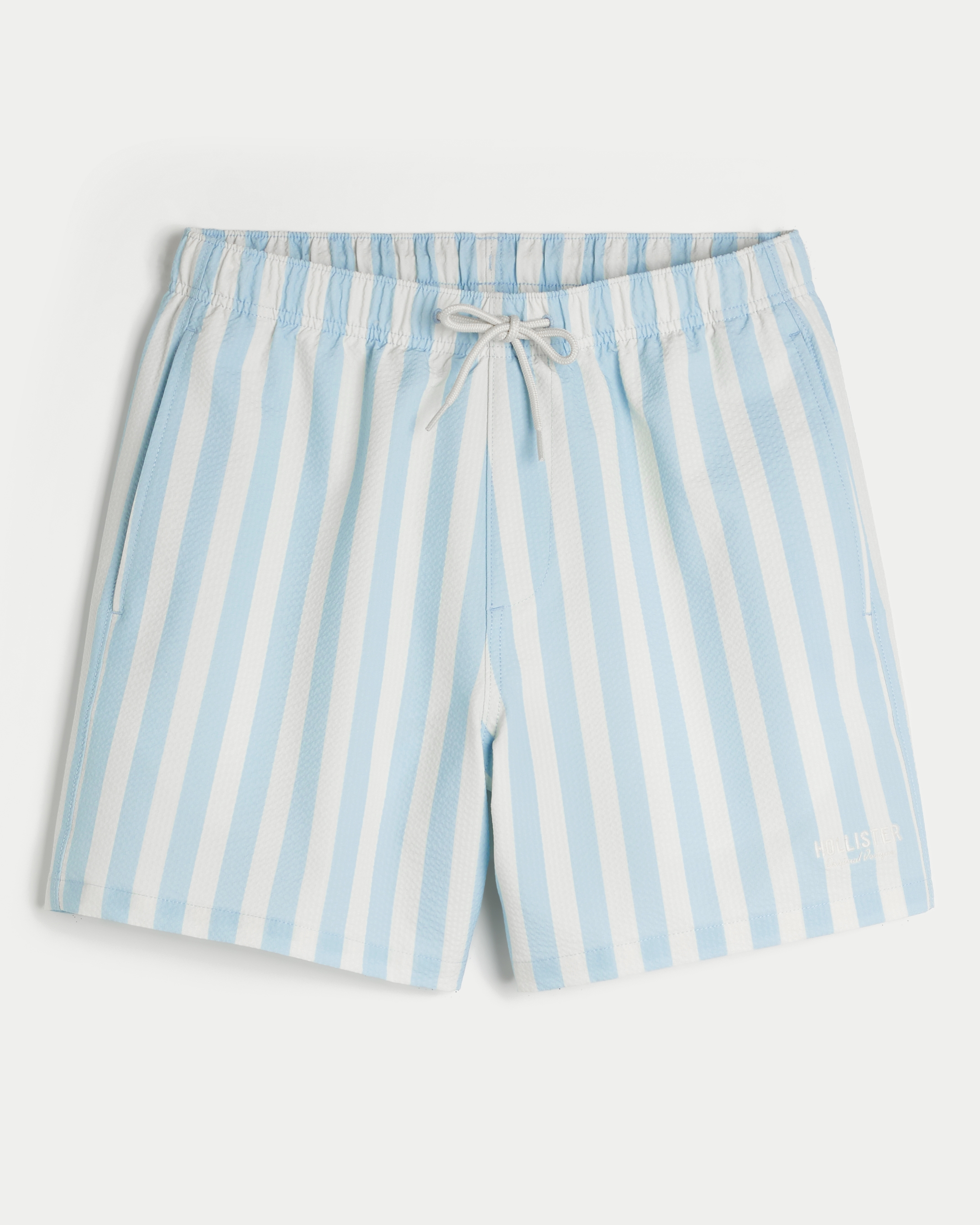 Mid-Thigh Seersucker Swim Trunks