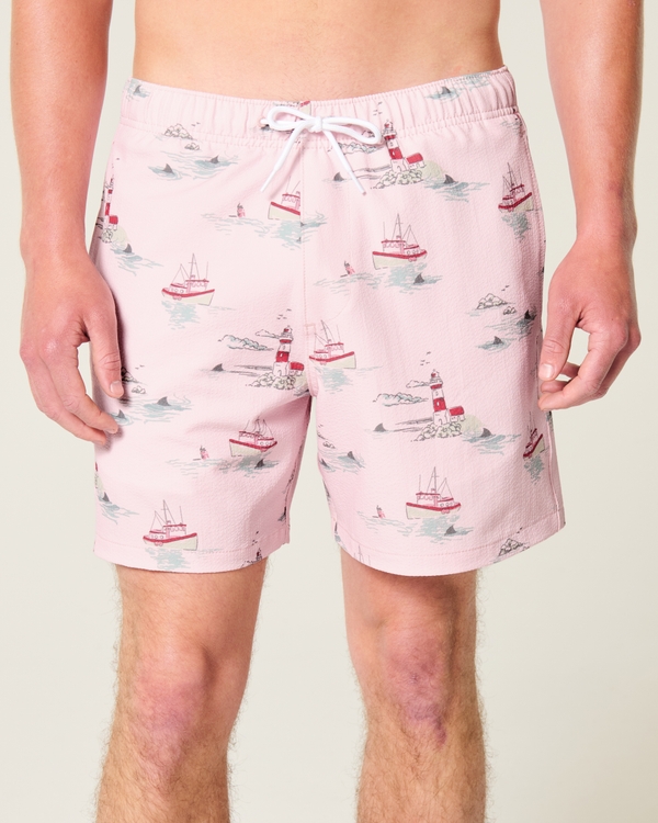 Mid-Thigh Seersucker Volley Swim Trunks, Light Pink Pattern view 2