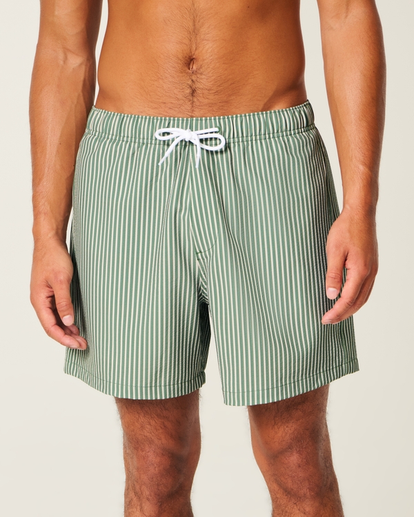 Mid-Thigh Seersucker Volley Swim Shorts, Green Stripe view 1