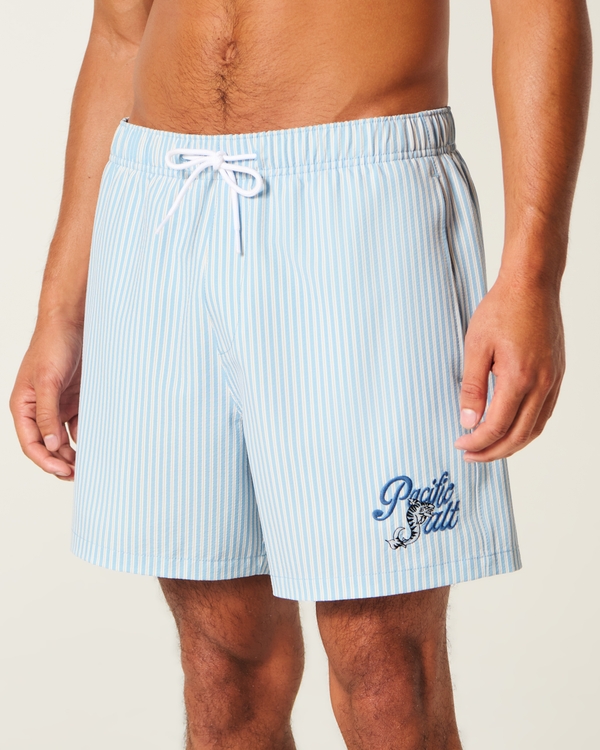 Mid-Thigh Seersucker Volley Swim Shorts, Light Blue Stripe view 1