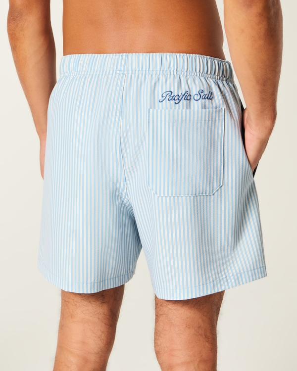 Mid-Thigh Seersucker Volley Swim Shorts, Light Blue Stripe view 2