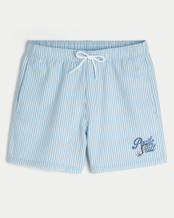 Mid-Thigh Seersucker Volley Swim Shorts, Light Blue Stripe view 1