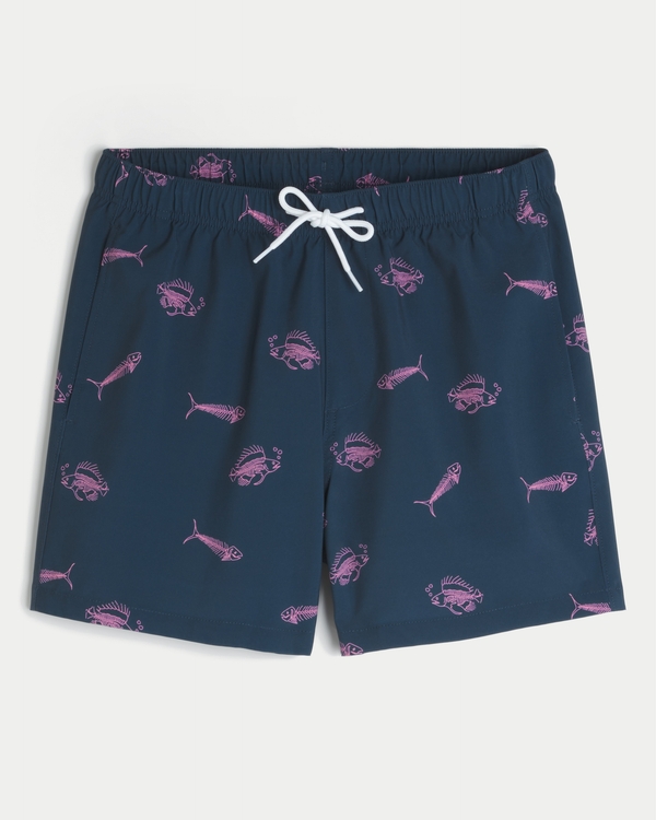 Mid-Thigh Volley Swim Trunks, Navy Print view 1