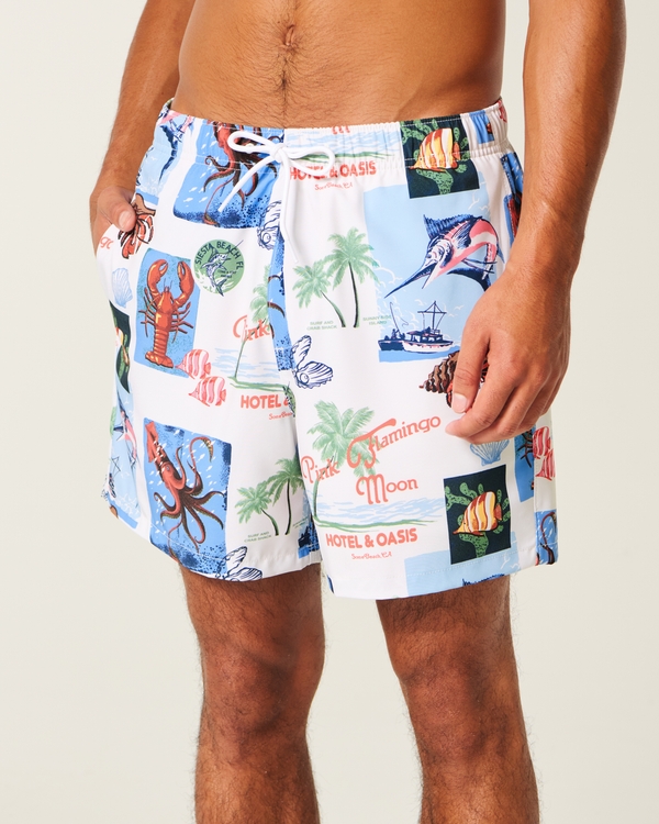 Mid-Thigh Volley Swim Trunks, White Print view 1