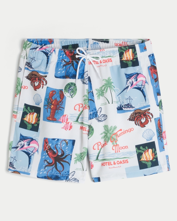 Mid-Thigh Volley Swim Trunks, White Print view 1