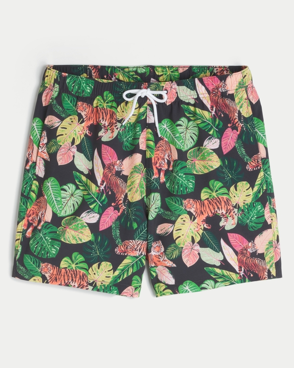 Mid-Thigh Volley Swim Trunks, Black Print view 1