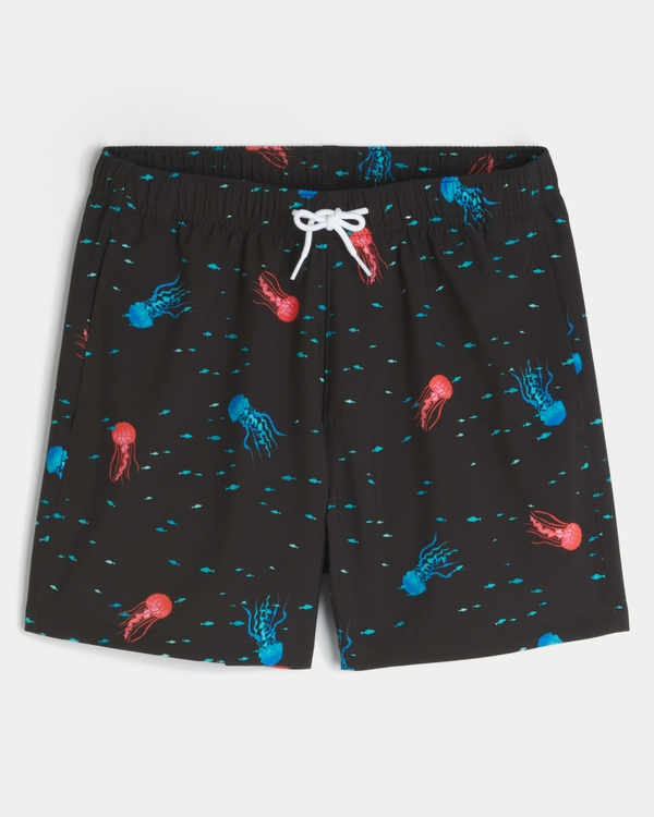 Mid-Thigh Volley Swim Trunks, Black Print view 1