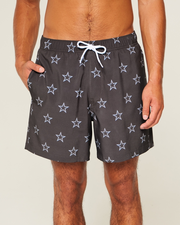 Mid-Thigh Volley Swim Trunks, Black Print view 1