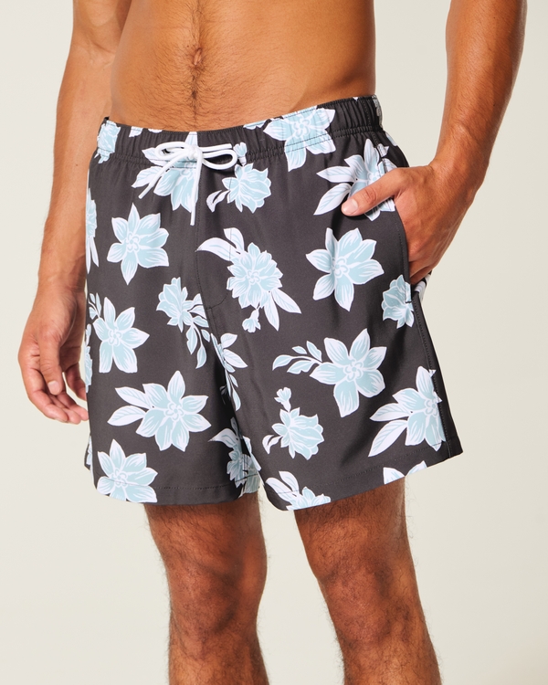 Mid-Thigh Volley Swim Trunks, Black Floral view 1