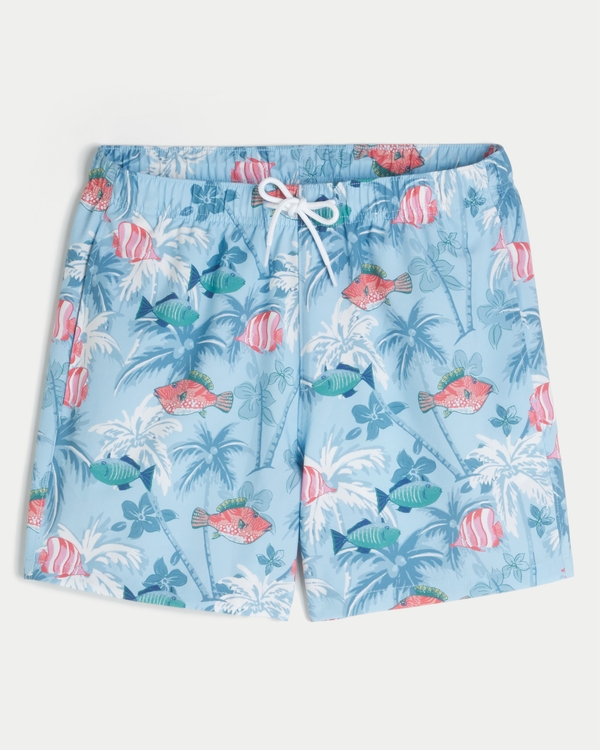 Mid-Thigh Volley Swim Trunks, Light Blue Print view 1