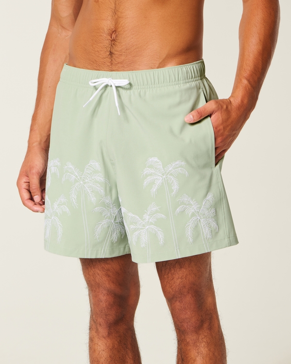 Mid-Thigh Embroidered Volley Swim Trunks, Mint Green view 1