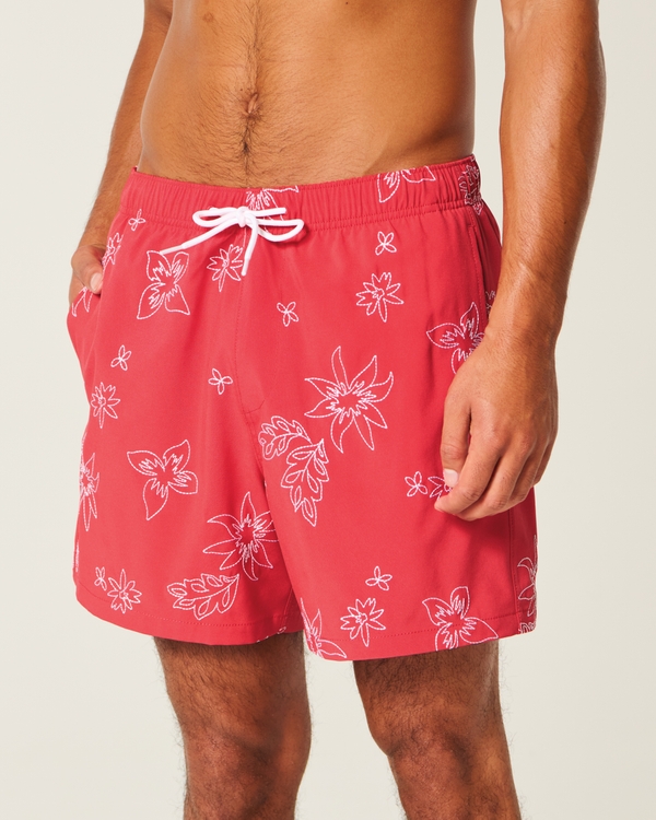 Mid-Thigh Embroidered Volley Swim Trunks, Red Floral view 1