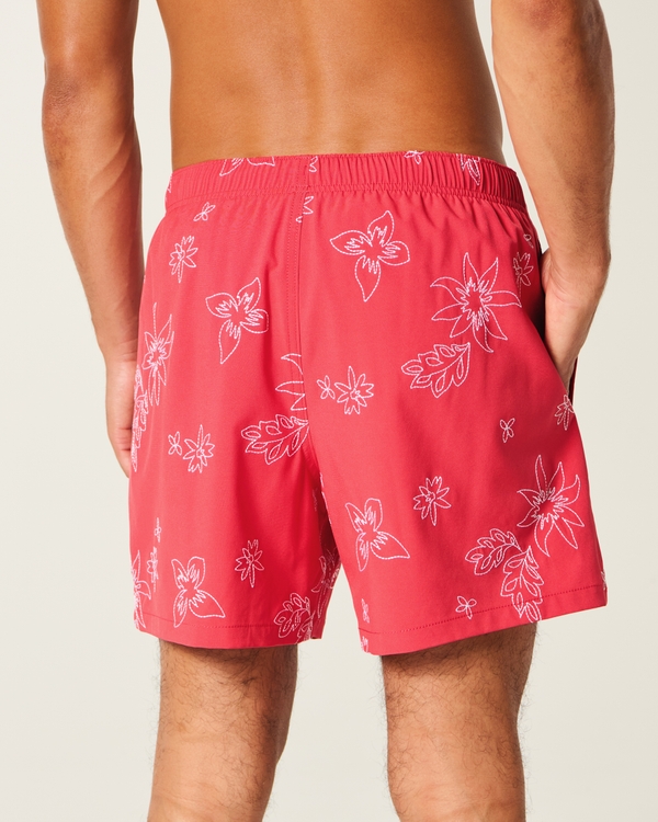 Mid-Thigh Embroidered Volley Swim Trunks, Red Floral view 2