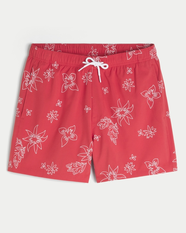 Mid-Thigh Embroidered Volley Swim Trunks, Red Floral view 1