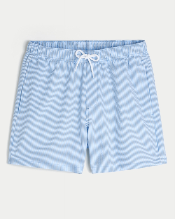 Mid-Thigh Seersucker Volley Swim Shorts, Light Blue Stripe view 1