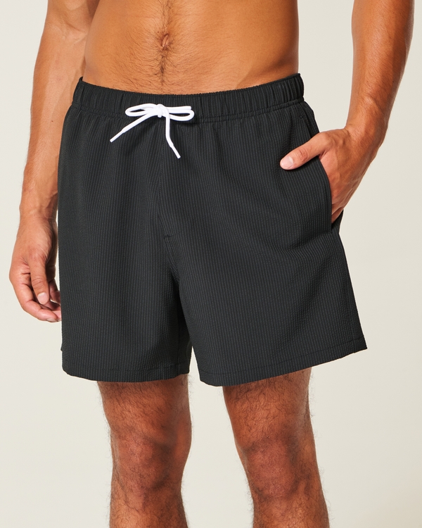 Mid-Thigh Seersucker Volley Swim Shorts, Black Stripe view 1