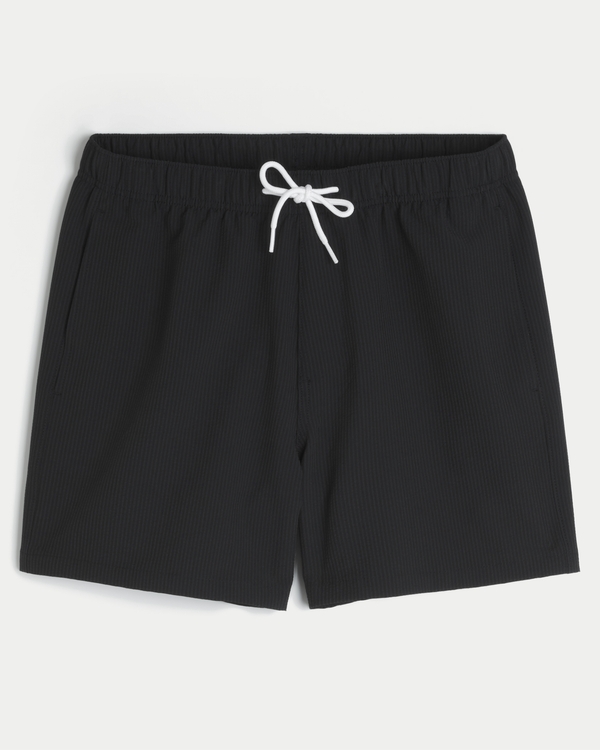 Mid-Thigh Seersucker Volley Swim Shorts, Black Stripe view 1