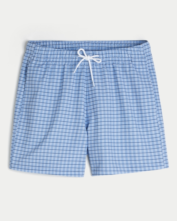Mid-Thigh Seersucker Volley Swim Shorts, Blue Plaid view 1