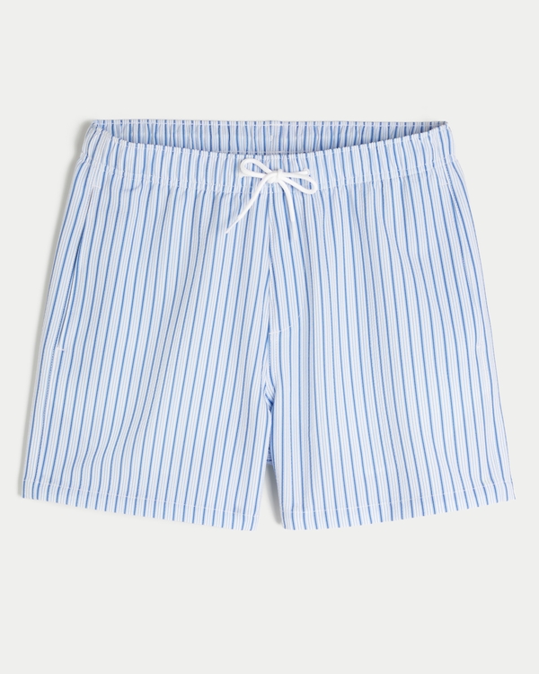 Mid-Thigh Seersucker Swim Trunks, Light Blue Stripe view 1