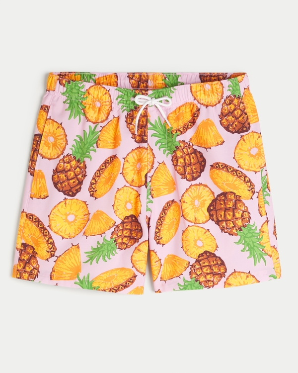 Mid-Thigh Swim Trunks, Pink Print view 1